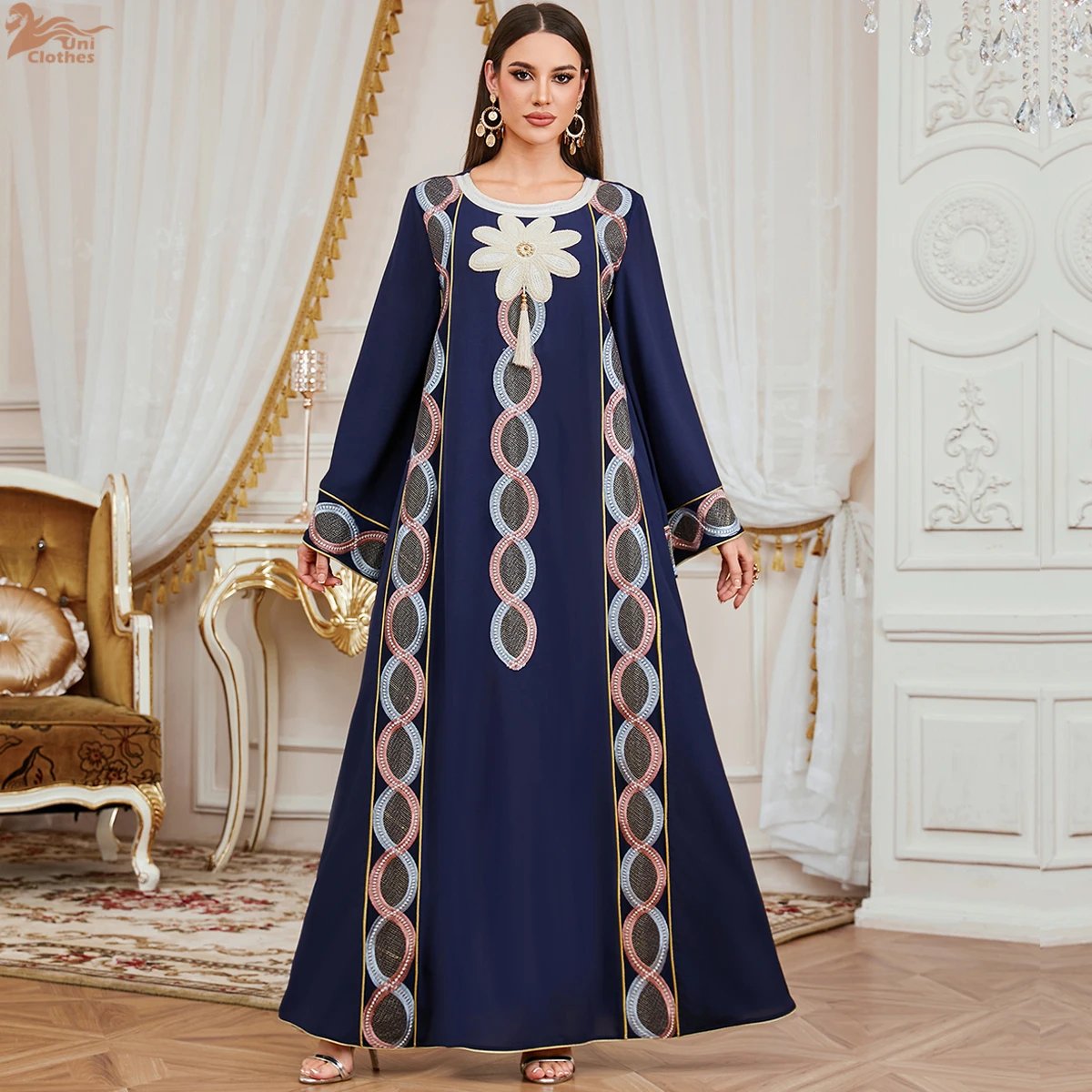 Robe Ample Polyester Bleu Marine Rose Clair Gris Bordure Circulaire Décorative Tombé Doux Élégante Soirée