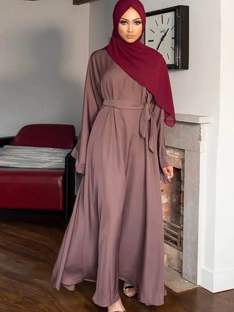 Robe Ample Longue Polyester Bran Clair Ceinture Taille Libre Tombe Fini Occasion Formelle Modeste Dubaï Maroc Turquie