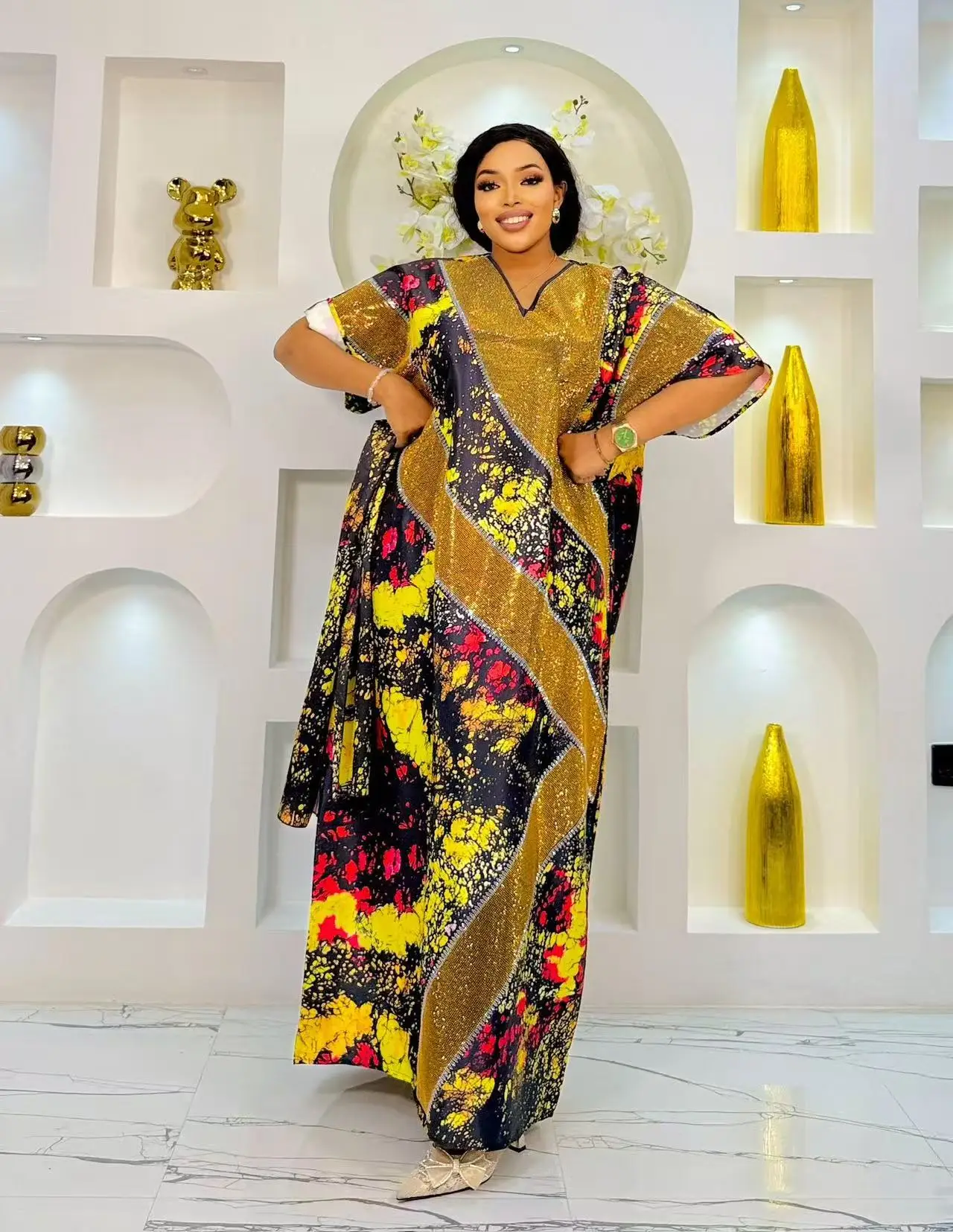 Robe Ample Noir Bleu Jaune Rouge Forme Droite Manches Courtes Col V Motif Abstrait Luxueux Femme