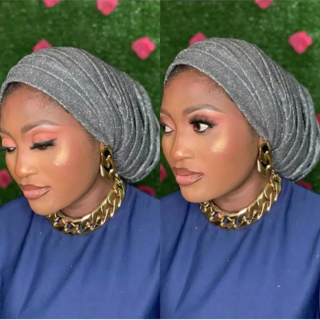 Paillettes plissées femmes bandeau Bonnet africain Turban casquette musulman foulard Bonnet Turbante mujer