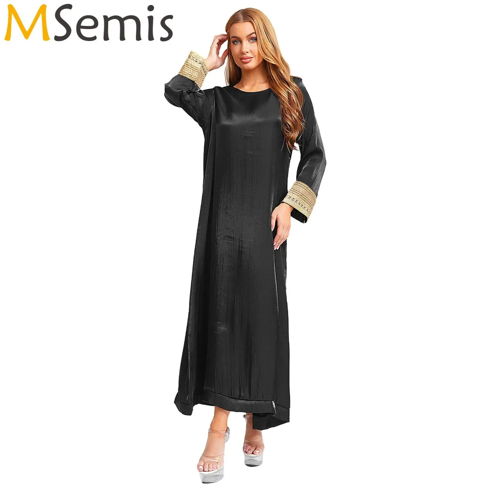 Robe Longue Noire Polyester Manches Longues Bordures Dorees Coupe Droite Ample Soierie Brillante Ete Musulman Mode Moderne Femme Soiree Elegante
