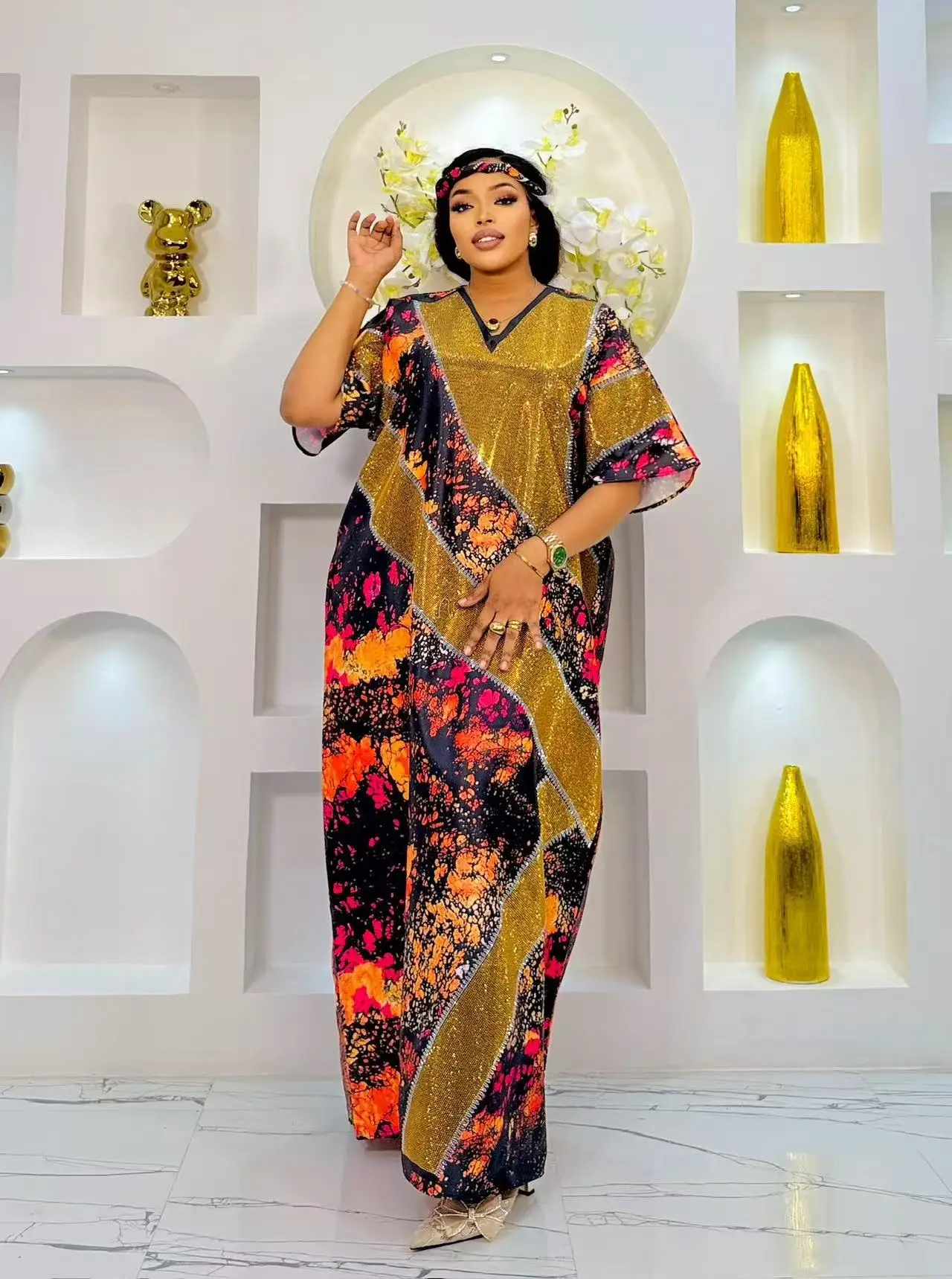 Robe Ample Noir Bleu Jaune Rouge Forme Droite Manches Courtes Col V Motif Abstrait Luxueux Femme