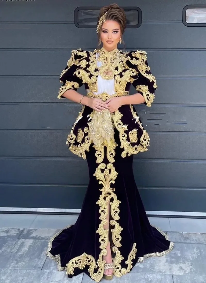 Caftan marocain violet Caftan robes de soirée musulmanes sirène demi manches dentelle perles dubaï arabe Abaya robe islamique personnalisée