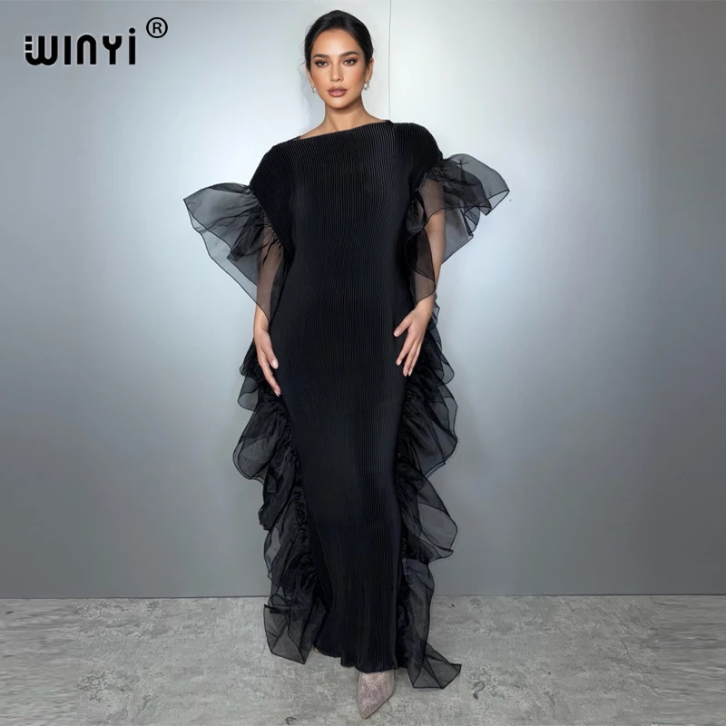 WINYI couleur unie plissée élastique robe mince vêtements de plage caftan abaya dubaï robe de soirée de luxe robe de soirée abaya femme musulmane