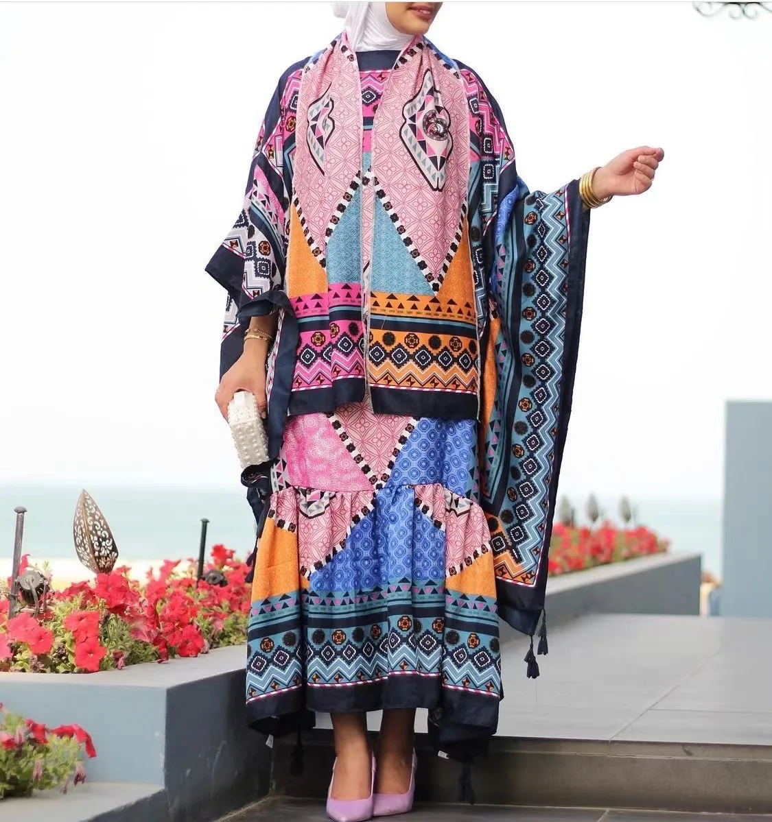 Abaya-Boubou en coton imprimé à manches à volants pour femmes musulmanes, moyen-orient, dubaï, été, grande taille, cartographie, tenues de Ramadan, fête