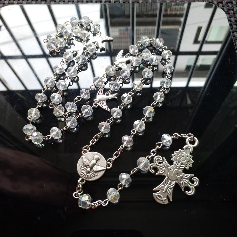 Collier de perles chapelet en cristal de prière, avec colombe à l'esprit saint, pièce maîtresse et pendentif croix, médaille, bijoux de baptême d'église catholique