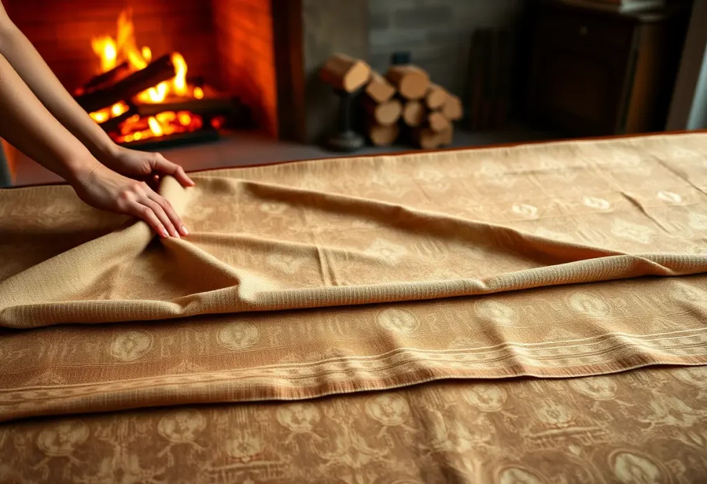 Des mains étalant un grand tissu rectangulaire orné de motifs complexes sur une table de salle à manger, éclairé par la lumière du feu de cheminée.