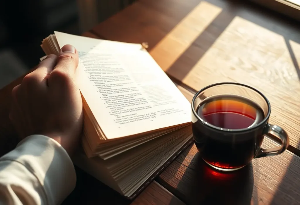 Une main tourne les pages d'un manuscrit épais posé sur une table en bois, près d'une tasse de thé fumante. La lumière du soleil ajoute de la chaleur à la scène.