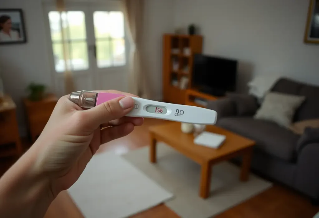 Une main tenant un test de grossesse positif posé sur une table en bois