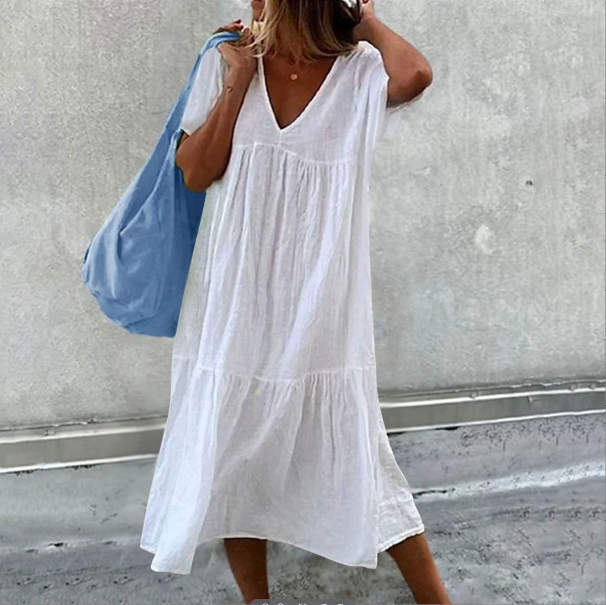 Robe mi-longue en coton et lin pour femmes, couleur unie, mode décontractée, col en v, manches courtes, ample, Style Simple, pour les déplacements, 2025