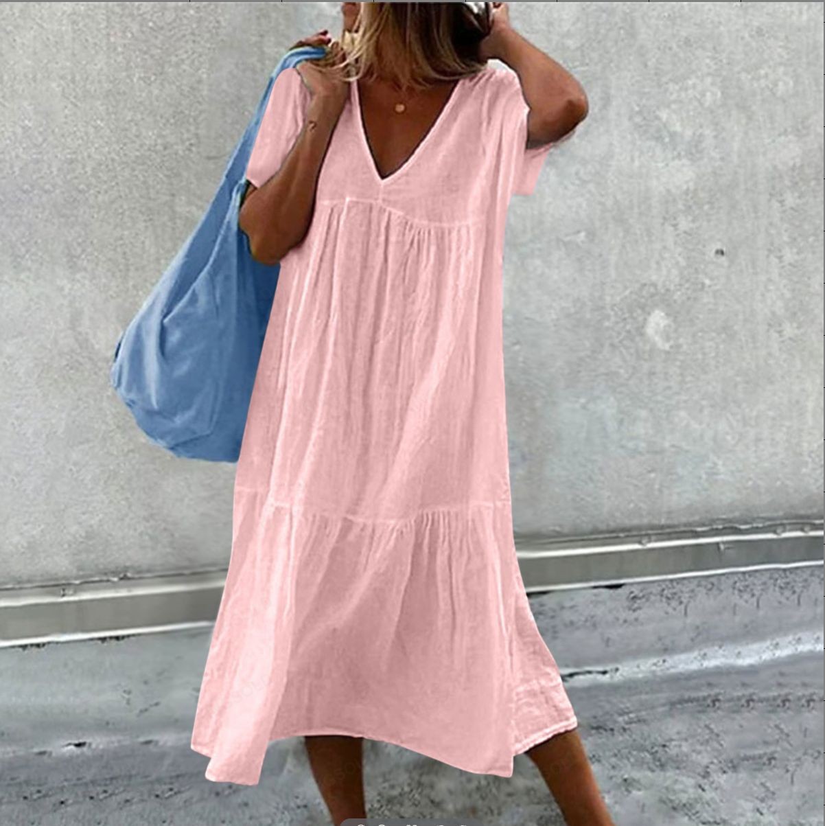 Robe mi-longue en coton et lin pour femmes, couleur unie, mode décontractée, col en v, manches courtes, ample, Style Simple, pour les déplacements, 2025