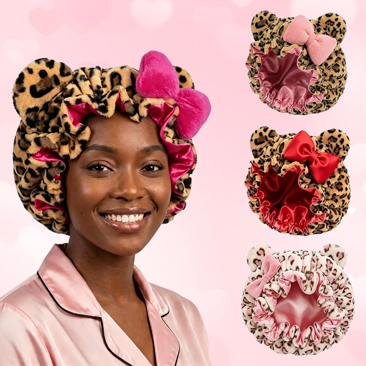 Bonnet de nuit en peluche imprimé léopard avec grand nœud, doublure en satin, doux et moelleux, ajustable avec oreilles d'ours, pour femme