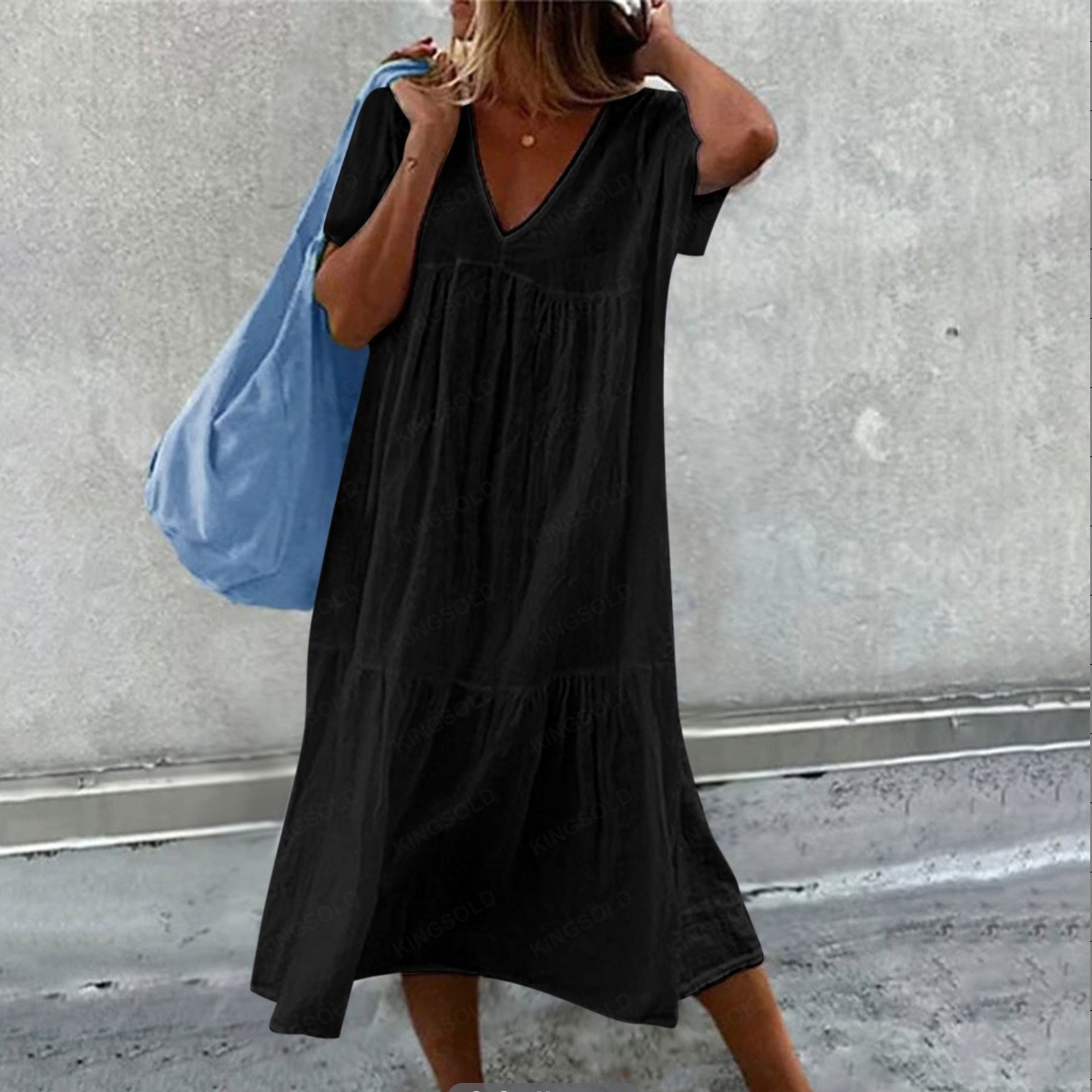 Robe mi-longue en coton et lin pour femmes, couleur unie, mode décontractée, col en v, manches courtes, ample, Style Simple, pour les déplacements, 2025