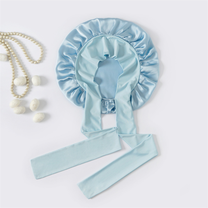 Bonnet de nuit en soie de mûrier 100 % double épaisseur pour femmes, avec large bande élastique pour cheveux longs