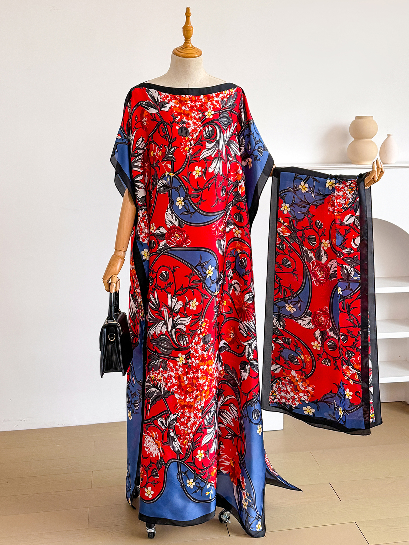 Ensemble Abaya et Foulard en Satin à Imprimé Floral Vintage, Kaftan Ample à Manches Chauve-Souris pour Femmes Musulmanes, Idéal pour l'Été, le Quotidien, la Plage et les Vacances