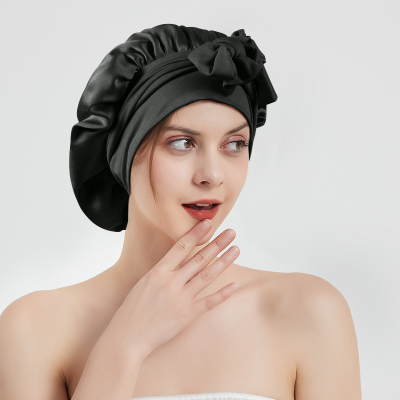 Bonnet de nuit en soie de mûrier 100 % double épaisseur pour femmes, avec large bande élastique pour cheveux longs