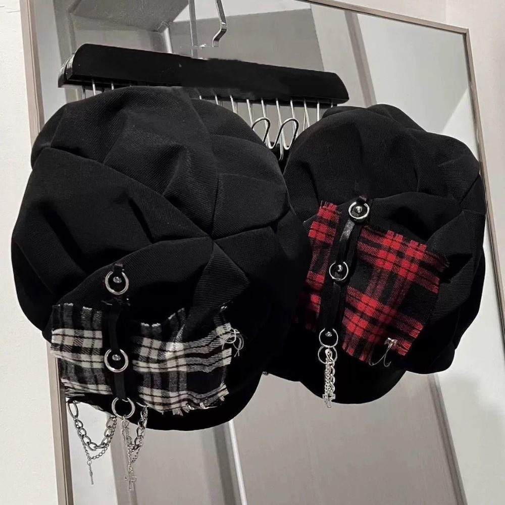 Chapeau Béret à Oreilles de Lapin Élégant à Carreaux, Chapeau Octogonal Irrégulier à Bord Fin, Casquette Gothique Punk pour Peintre et Artiste, Accessoire de Photographie