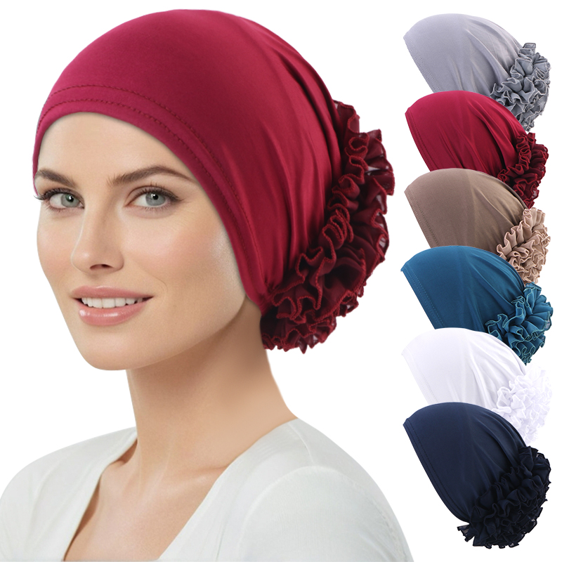 Chapeau en mousseline de soie élastique respirant pour femmes, avec grandes fleurs, couleur unie, bas fin, enveloppe de tête islamique, Bandana africain