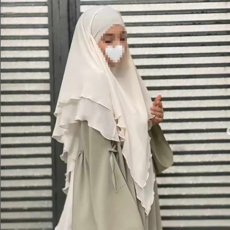 Djellaba Khimar Femme Polyester Beige Clair Robe Ample Jupon Longue Fronces Volants Soiree Elegante