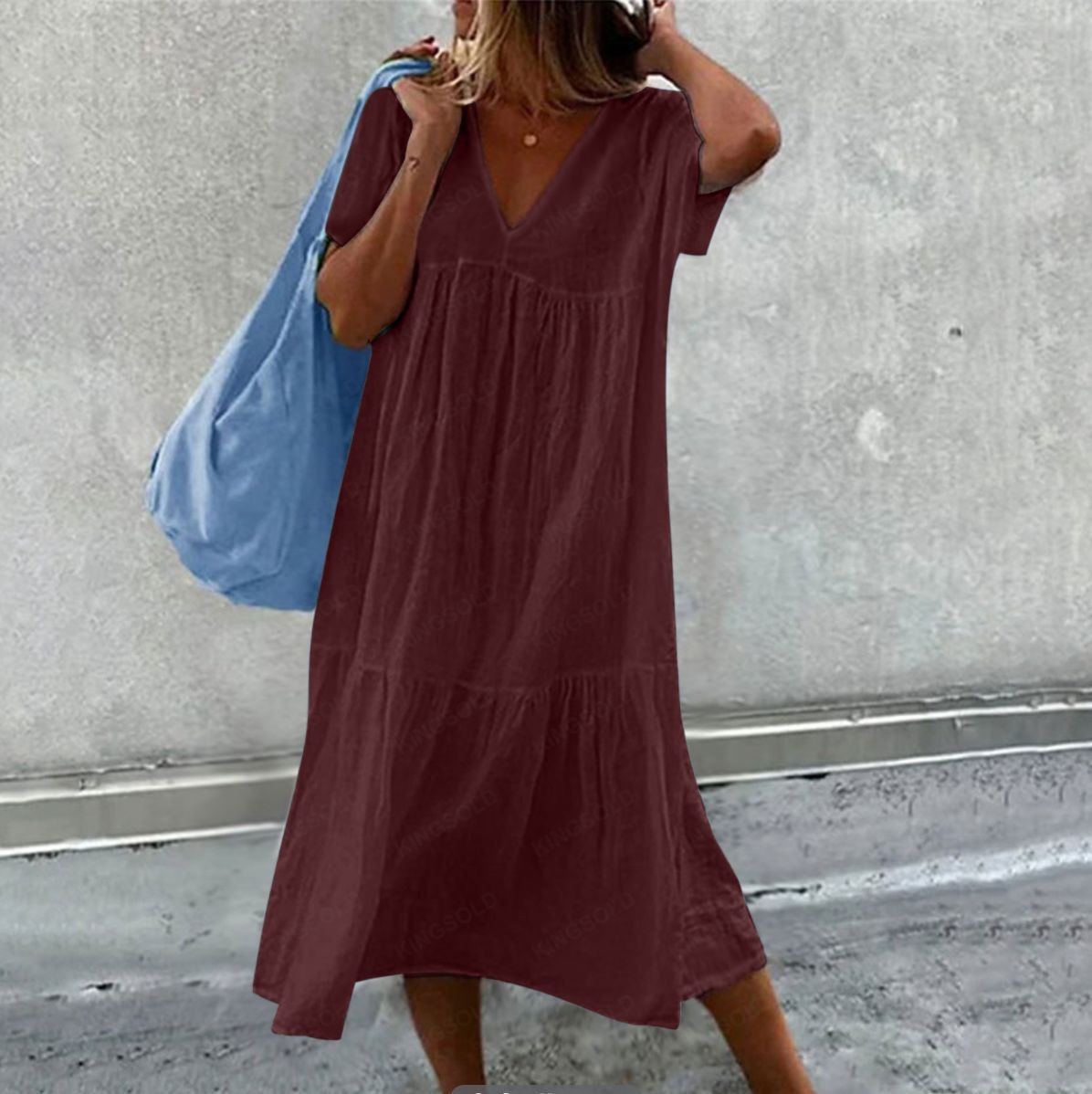 Robe mi-longue en coton et lin pour femmes, couleur unie, mode décontractée, col en v, manches courtes, ample, Style Simple, pour les déplacements, 2025