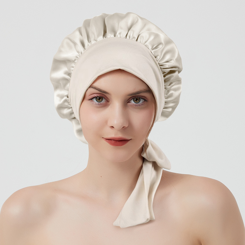 Bonnet de nuit en soie de mûrier 100 % double épaisseur pour femmes, avec large bande élastique pour cheveux longs