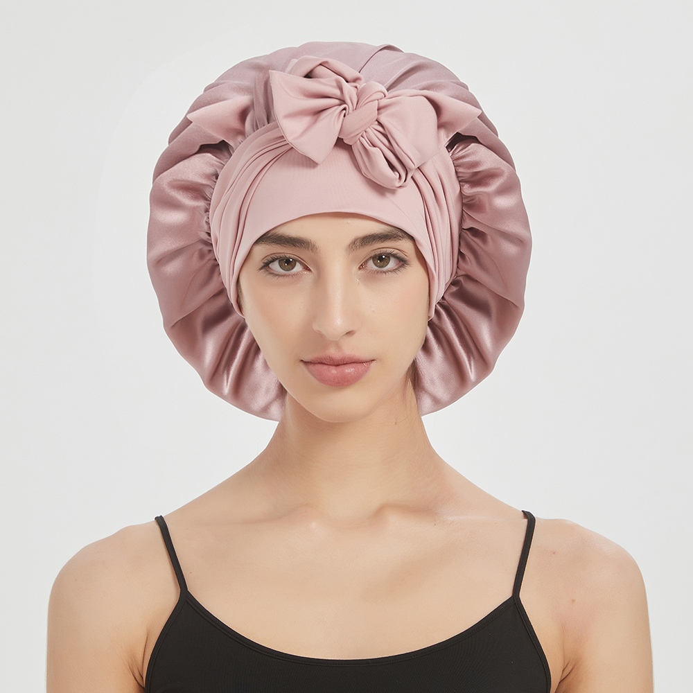 Bonnet de nuit en soie de mûrier 100 % double épaisseur pour femmes, avec large bande élastique pour cheveux longs