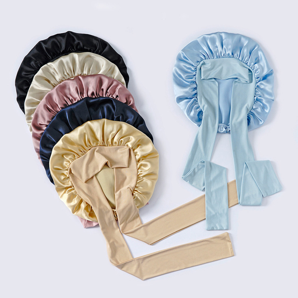 Bonnet de couchage Double couche en soie de mûrier pour femmes, grand bonnet de nuit avec large bande élastique à nouer, 100%