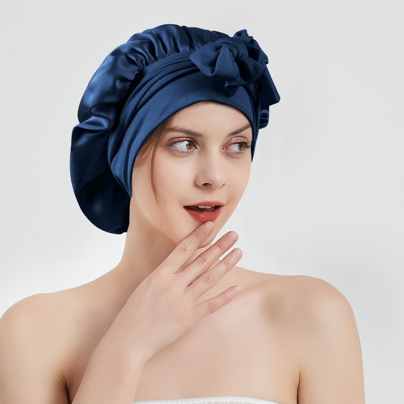 Bonnet de nuit en soie de mûrier 100 % double épaisseur pour femmes, avec large bande élastique pour cheveux longs