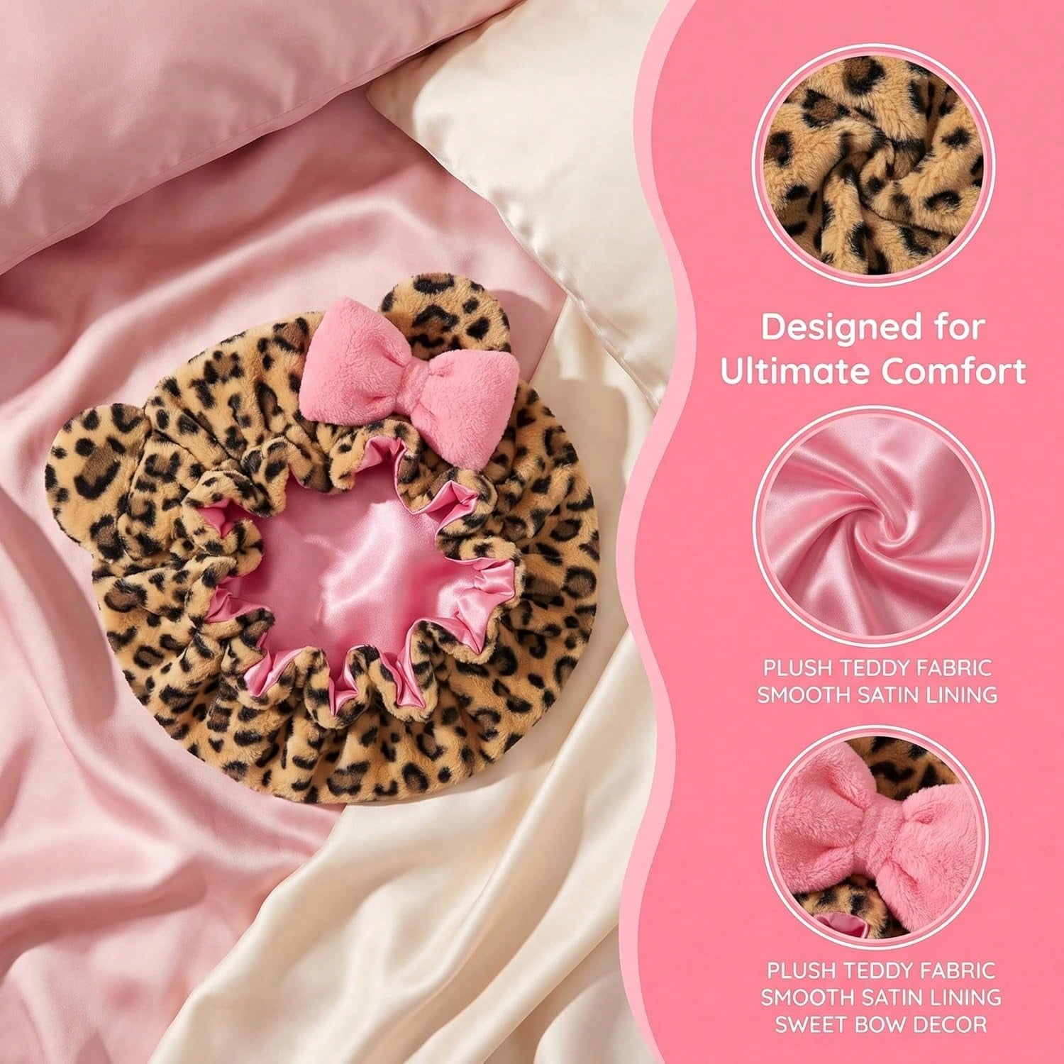 Bonnet de nuit en peluche imprimé léopard avec grand nœud, doublure en satin, doux et moelleux, ajustable avec oreilles d'ours, pour femme